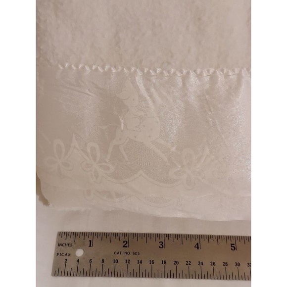 Baby Blanket White On White Cats Dogs Riding Giraffes Bows Satin Binding Vintage - Picture 1 of 16
